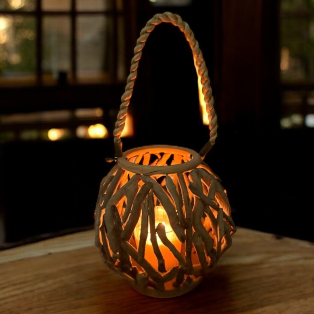Driftwood Lantern Round Rustic Candle Coastal Design